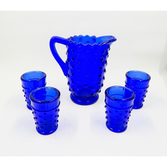 Child's Cobalt Blue Hobnail Mini Water Pitcher With 4 Tumblers Glasses - Picture 2 of 9